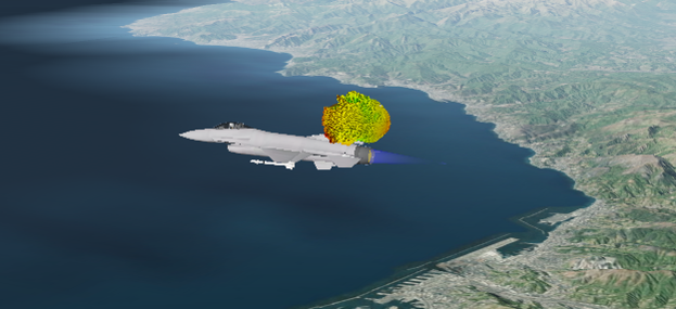 Fighter aircraft over a coastline in STK with its antenna radiation pattern rendered in 3D