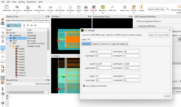 Ansys Lumerical MODE layout editor with the rectangle properties dialog open, setting the x, y and z spans of one waveguide alongside the XY and XZ views of the coupler