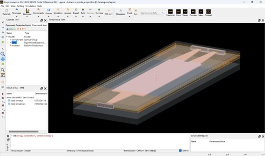 Perspective view of the coupled waveguide structure in Ansys Lumerical MODE with the EME solver region and monitors in place