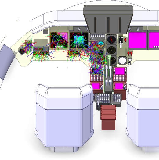 Ray paths traced from the cockpit displays to the pilot eye point, showing which rays cause the reflections